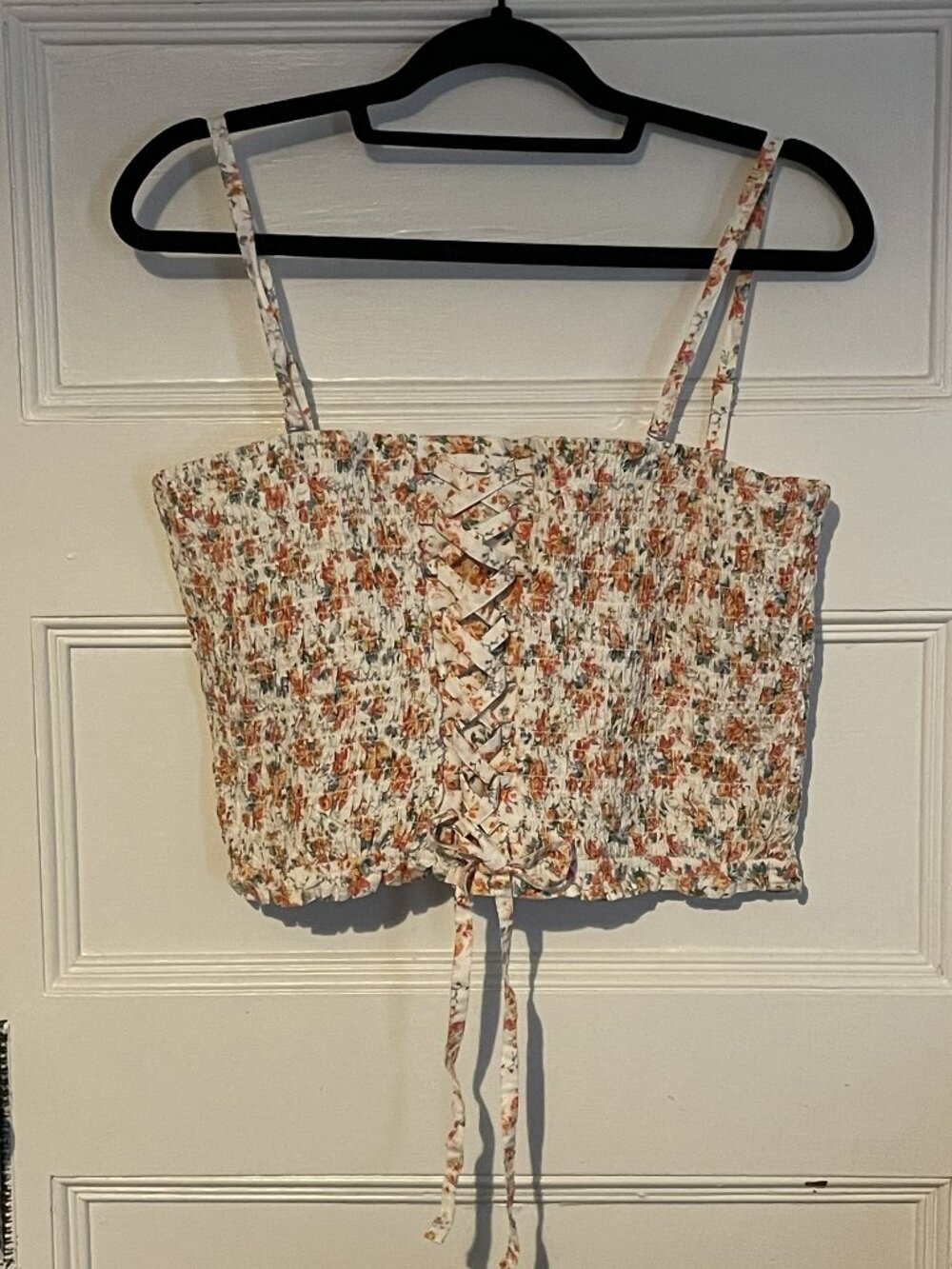 American Eagle Outfitters Floral Lace-Up Smocked Crop Cami, Size XL NWT